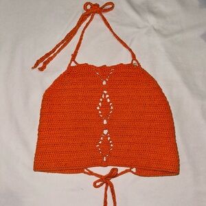 Orange Crocheted Crop Top with Open Back